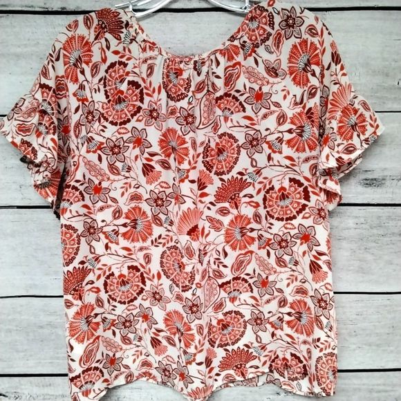 W5 Concepts Blouse Orange Floral Ruffle Sleeve Tie Front Sz M Cottagecore - Picture 5 of 9